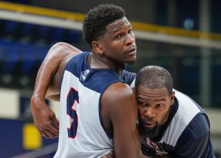 Kevin Durant reacts to photo of Anthony Edwards dunking on him in Team USA practice