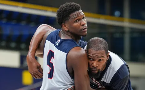 Kevin Durant reacts to photo of Anthony Edwards dunking on him in Team USA practice