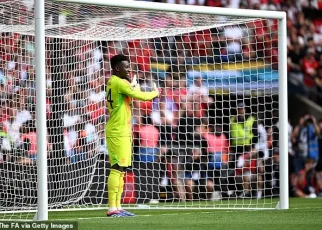 Andre Onana saves just ONE of Man City’s eight penalties after toying with Erling Haaland and Co in the Community Shield shootout – as the Man United goalkeeper’s goal-line antics prove fruitless at Wembley