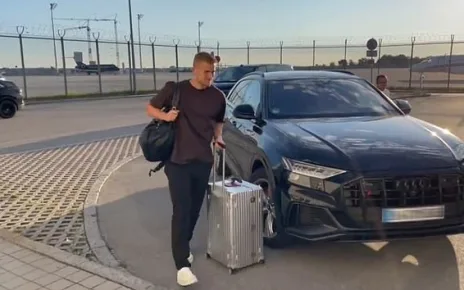 Matthijs De Ligt and Noussair Mazraoui arrive at Munich Airport ahead of completing their moves to Manchester United – as Red Devils prepare for £60m double swoop for defenders