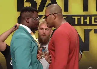 Face off! Francis Ngannou, Renan Ferreira sandwich Jake Paul during ‘Giants’ staredown at PFL presser (Video)