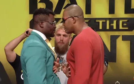 Face off! Francis Ngannou, Renan Ferreira sandwich Jake Paul during ‘Giants’ staredown at PFL presser (Video)