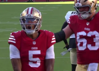 49ers’ Joshua Dobbs connects with Jacob Cowing on a 38-yard pass, follows with a one-yard rushing TD vs. Saints