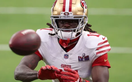 Brandon Aiyuk runs through practice with San Francisco 49ers