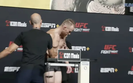 Wobbly UFC fighter nearly collapses during botched weigh in, carried off stage in scary scene (Video)