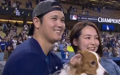 Shohei Ohtani and dog, Decoy, celebrate NL West title